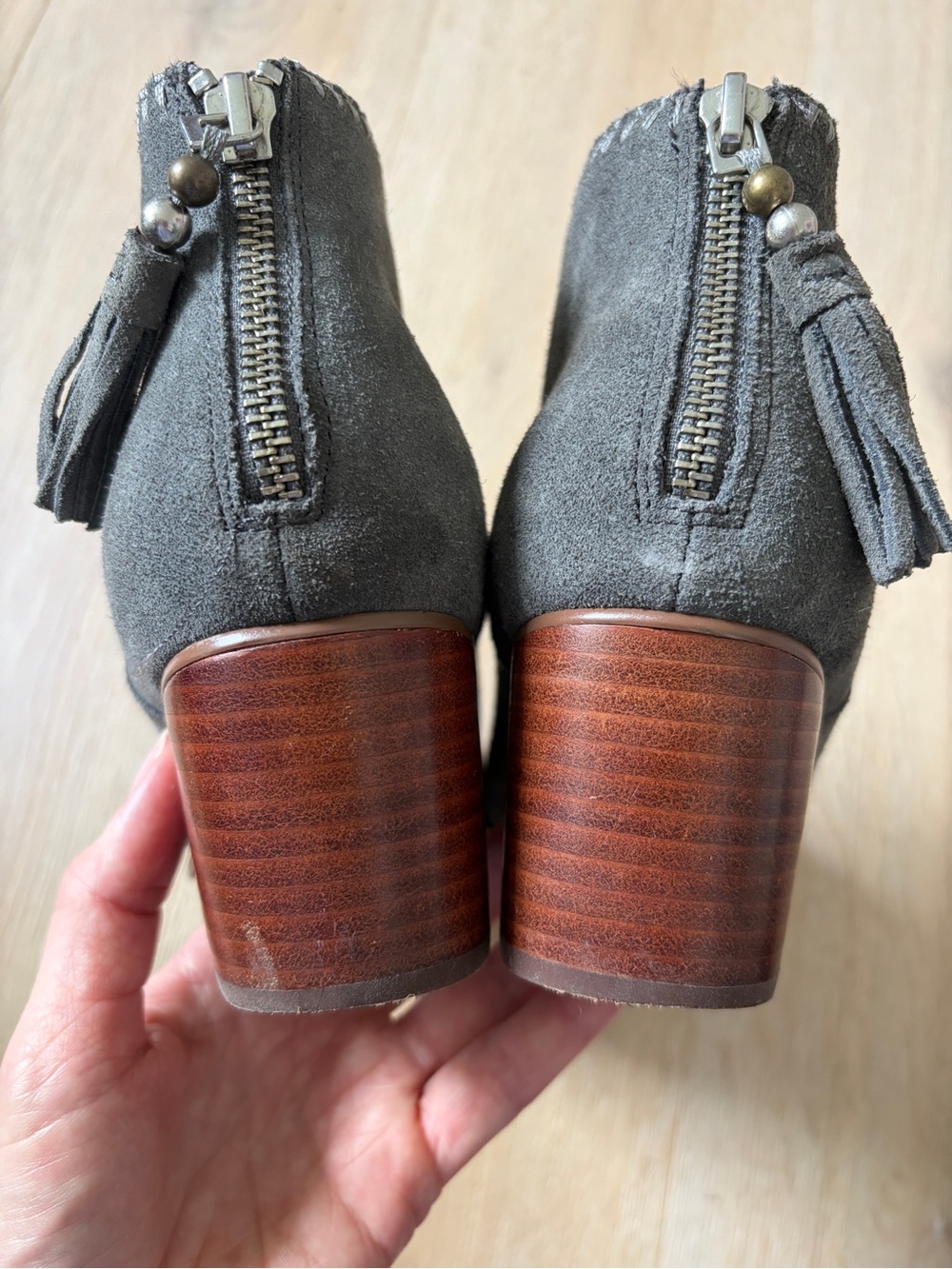 TOMS Boots Womens 9.5 Leila Ankle Booties Gray Suede Tassel Back Zip Low Heels - Picture 5 of 6